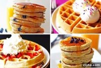 Stacked Pancakes and Waffles with Decadent Brunch Sauces