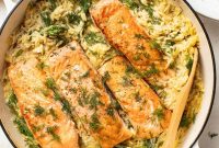 One-Pan Salmon with Creamy Lemon Orzo