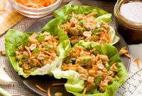 Ground Chicken Lettuce Wraps with Creamy Asian Peanut Sauce