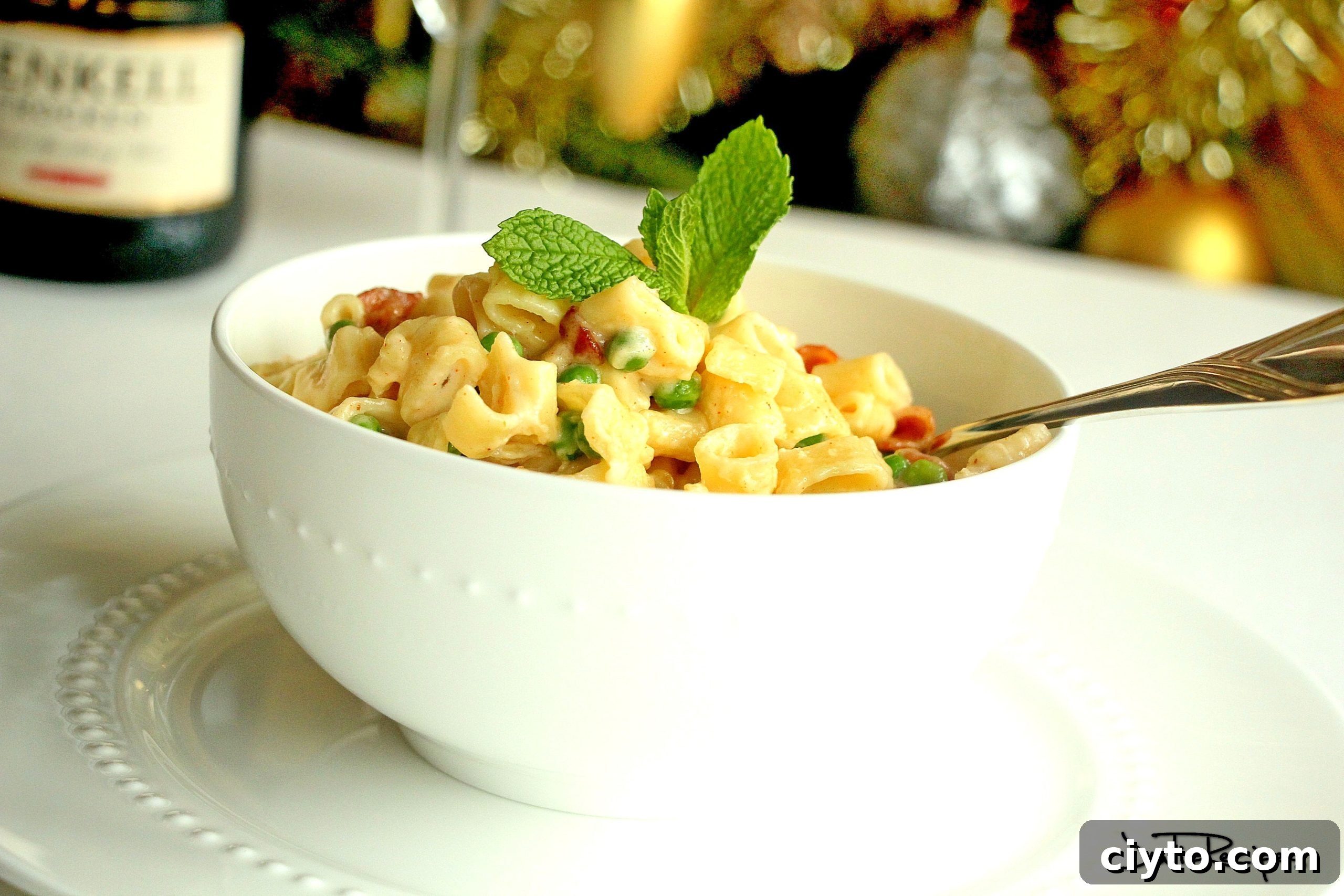Creamy Bacon Mac and Cheese Recipe 2 mac and cheese with bacon in white bowl