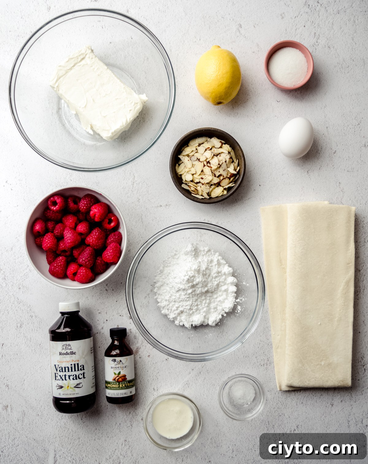 Raspberry Cream Cheese Danish Recipe 4 Aerial photo of ingredients to make raspberry almond danish.