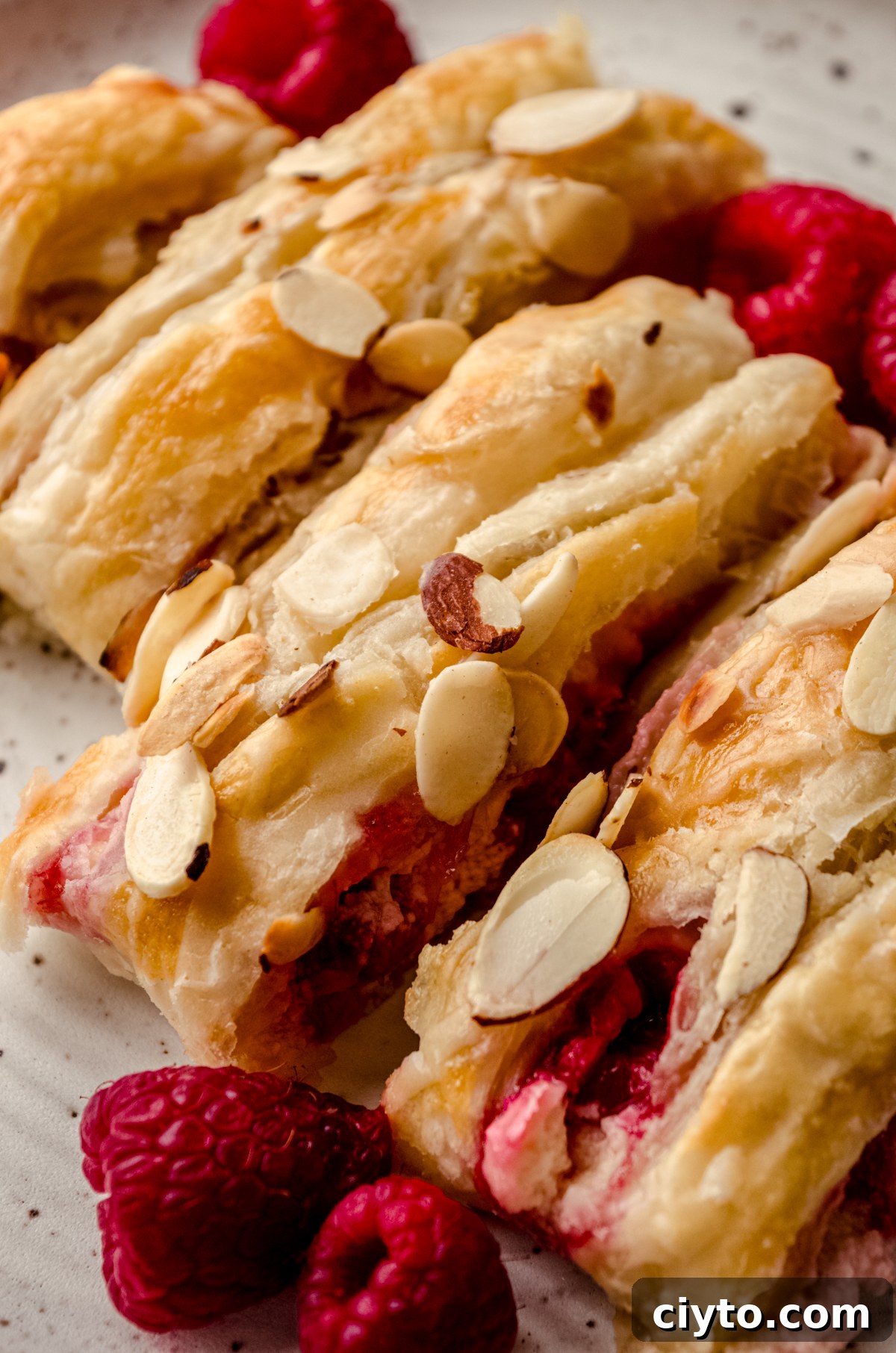 Raspberry Cream Cheese Danish Recipe 5 A pastry braid filled with raspberries and cream cheese with toasted almonds and an icing on it sliced into portions.