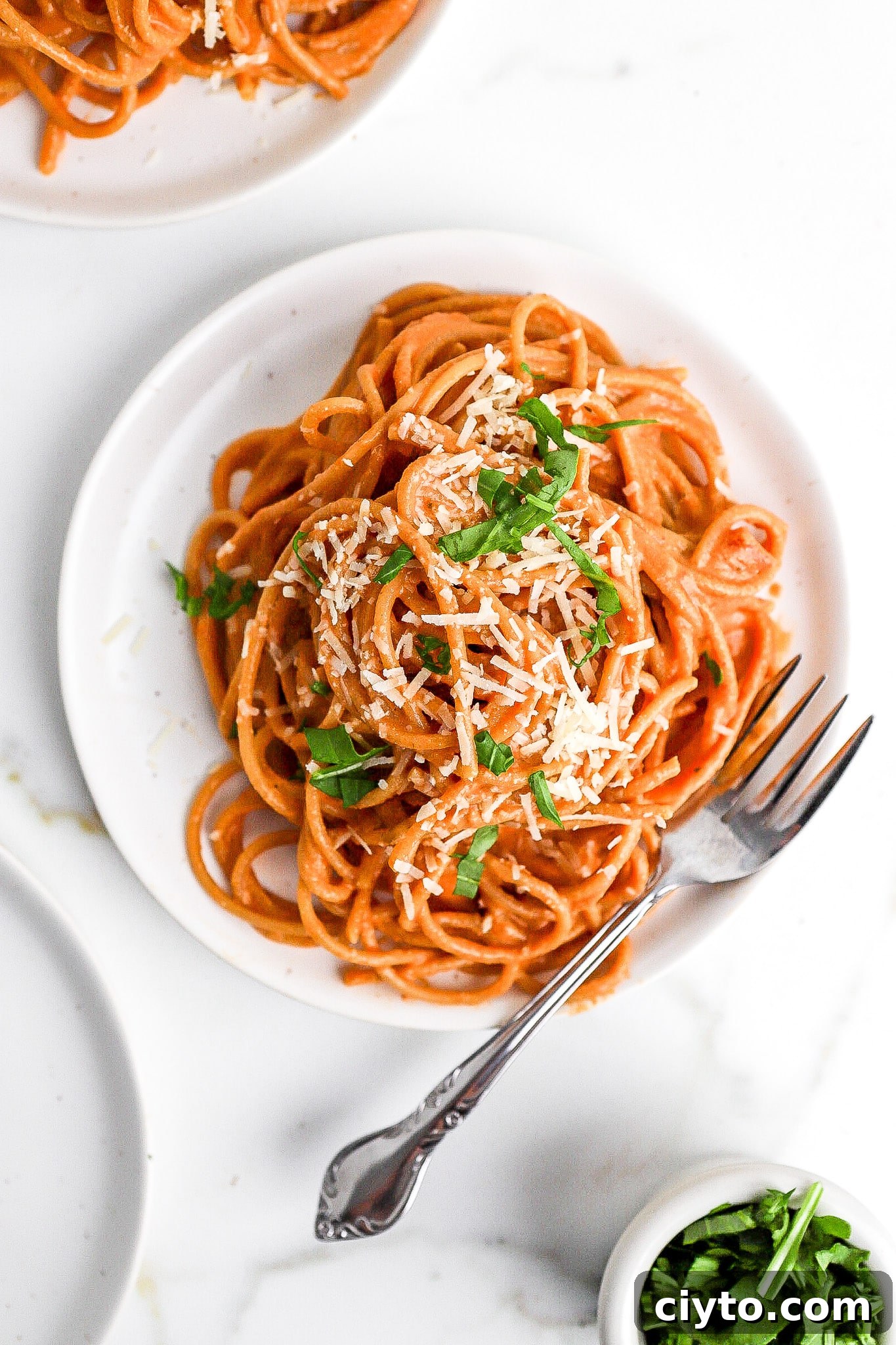 Top down view of creamy cottage cheese pasta on a white plate.
