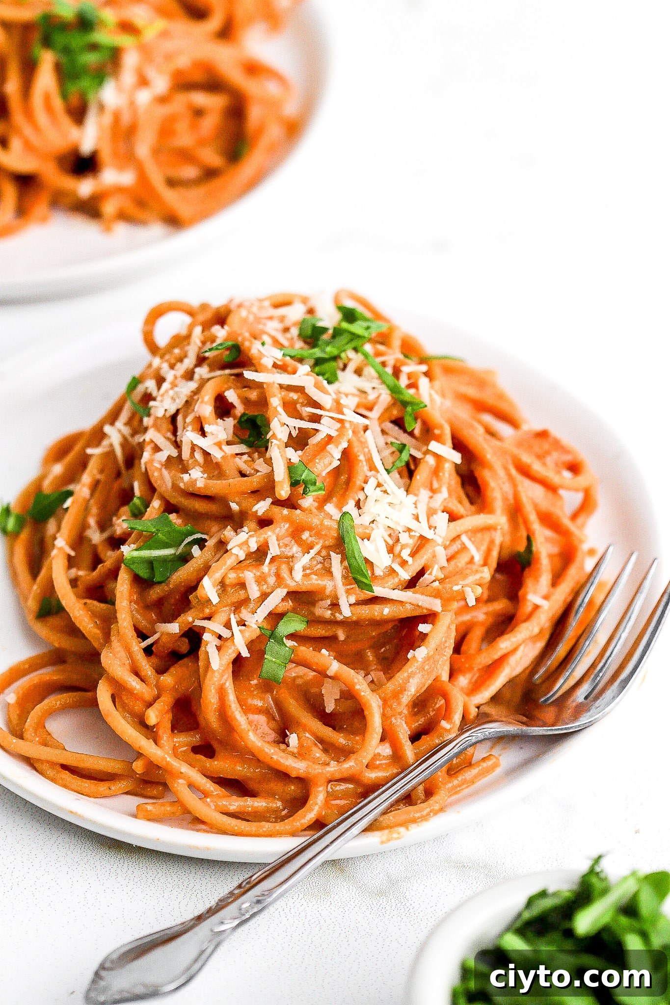 Delicious cottage cheese pasta sauce with spaghetti noodles on small white plate.