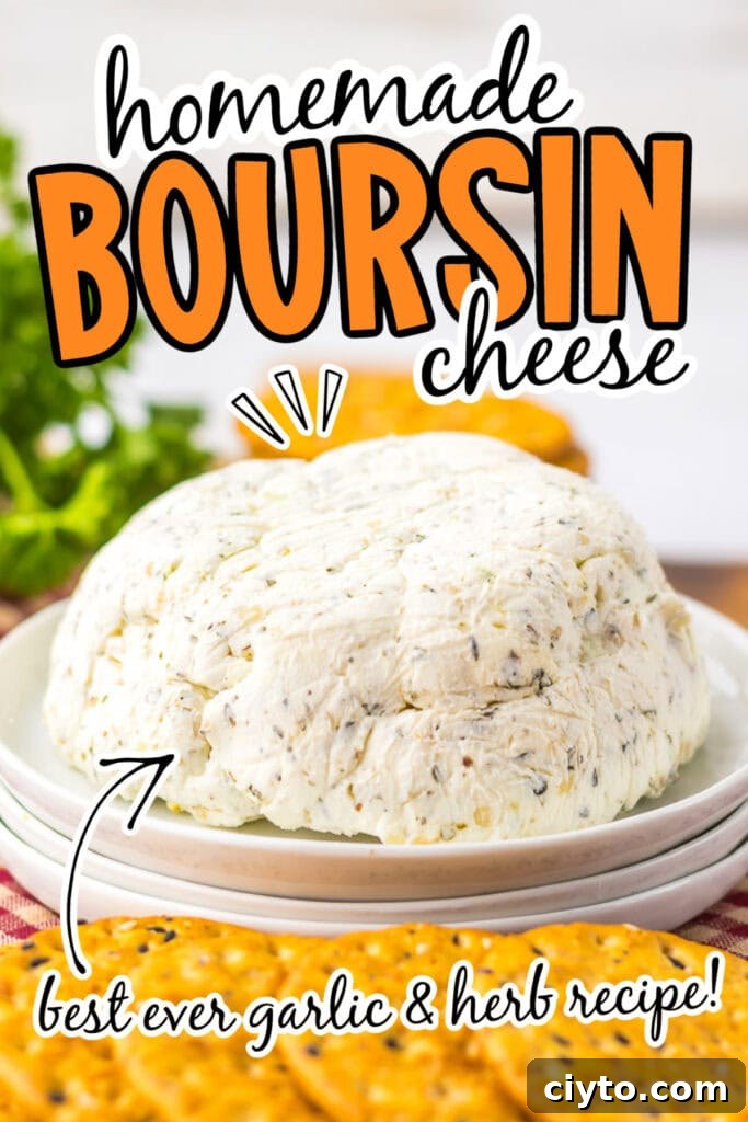 Creamy Homemade Boursin-Style Garlic and Herb Cheese Spread 7 Homemade Boursin cheese mound on a white plate with crackers, with text overlay.