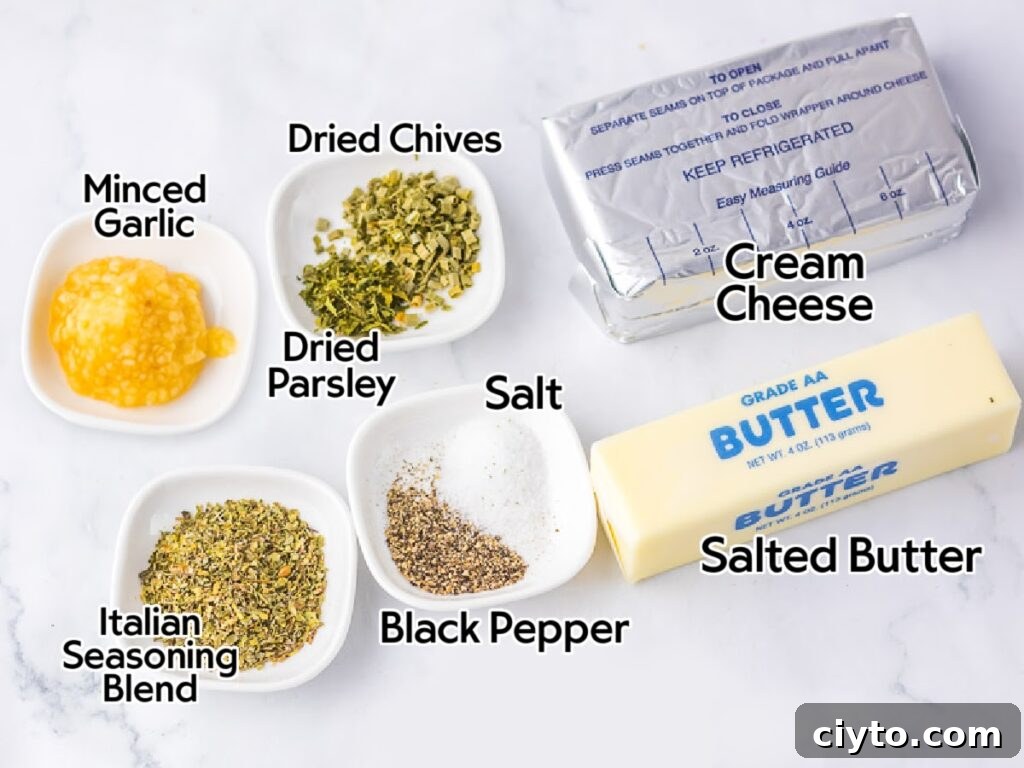 Creamy Homemade Boursin-Style Garlic and Herb Cheese Spread 3 Ingredients needed to make homemade Boursin garlic and herb cheese recipe, with text labels.