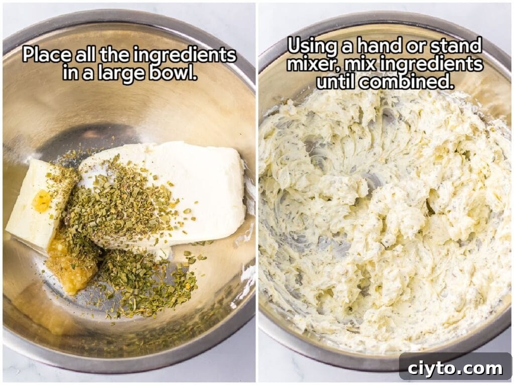 Creamy Homemade Boursin-Style Garlic and Herb Cheese Spread 4 Two image collage of the ingredients in a mixing bowl and the cheese mixture after its been blended together with text overlay.