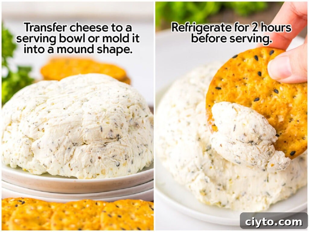 Creamy Homemade Boursin-Style Garlic and Herb Cheese Spread 5 Two image collage showing molded homemade Boursin cheese spread on a plate with crackers, and dipping a cracker into the mound with text overlay.