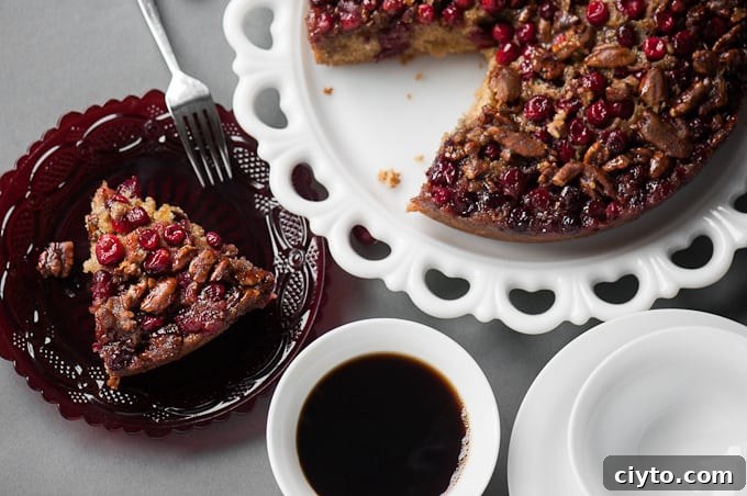 top view of cranberry coffee cake and coffee