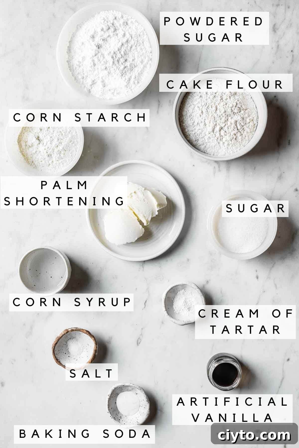 Labeled ingredients in bowls.
