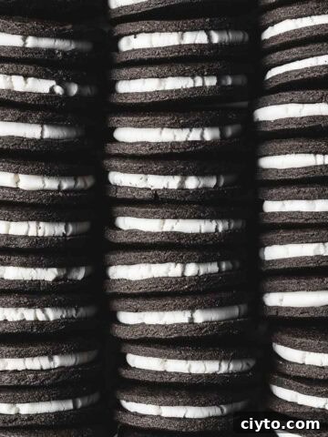 Three rows of vanilla creme filled chocolate sandwich cookies.