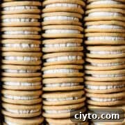 Three rows of vanilla sandwich cookies stuffed with vanilla creme.