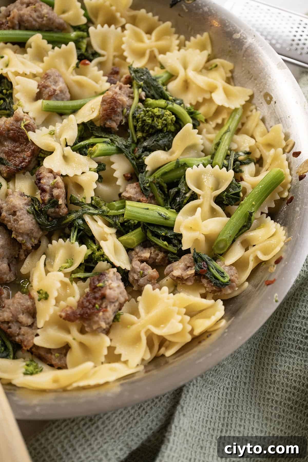 Garlicky Sausage and Broccoli Rabe Pasta 12 Farfalle with sausage and broccoli rabe, topped with parmesan on a plate.