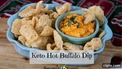 keto hot buffalo dip with platter of pork rinds