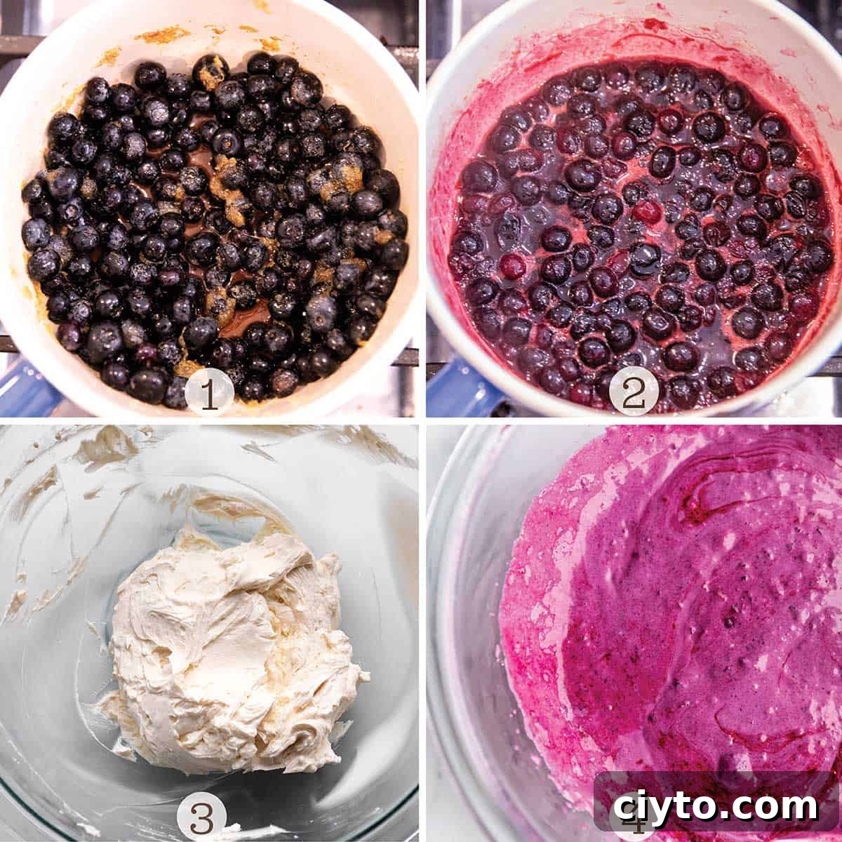 Blueberries being cooked and combined into whipped cream cheese.