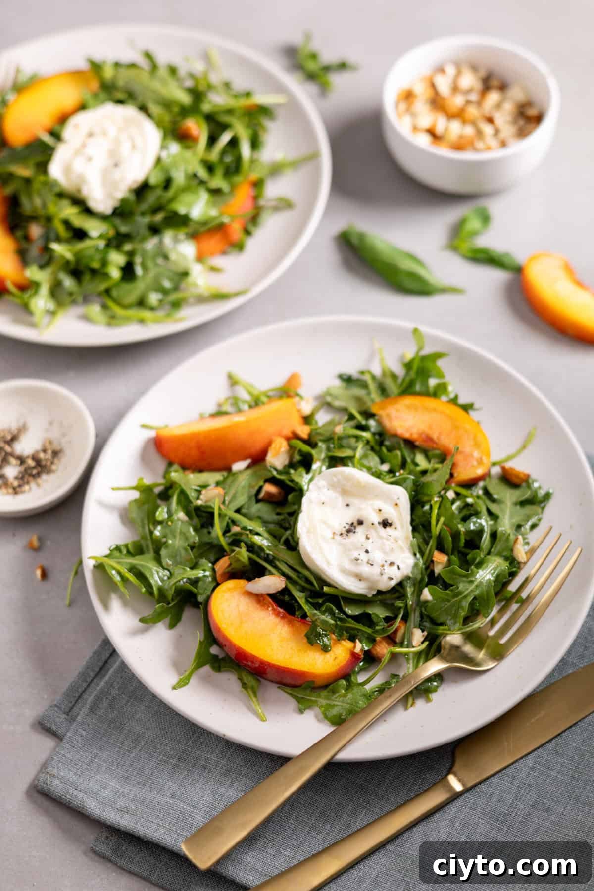 Arugula and Burrata Salad Recipe with Lemon Vinaigrette 10 Two plates of arugula burrata salad topped with peaches and almonds.