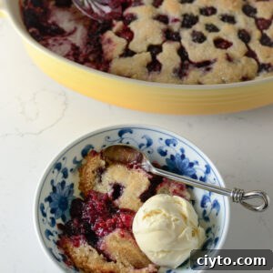 This easy blackberry cobbler is best to serve with a scoop of vanilla ice cream.