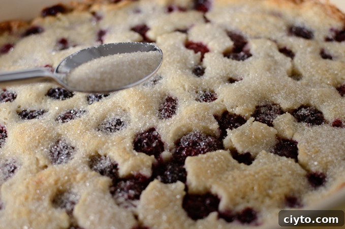 Sprinkling sugar on top of the cobbler