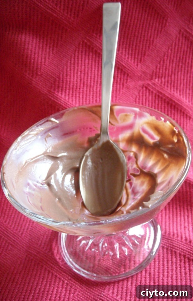 Creamy homemade chocolate pudding in a glass dish, ready to serve.