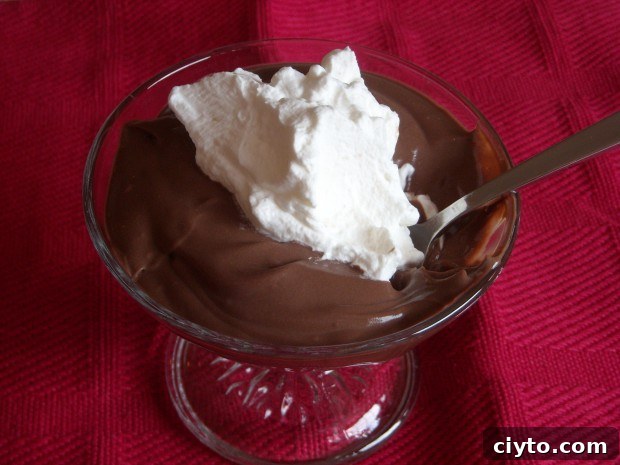 Homemade chocolate pudding served with whipped cream.
