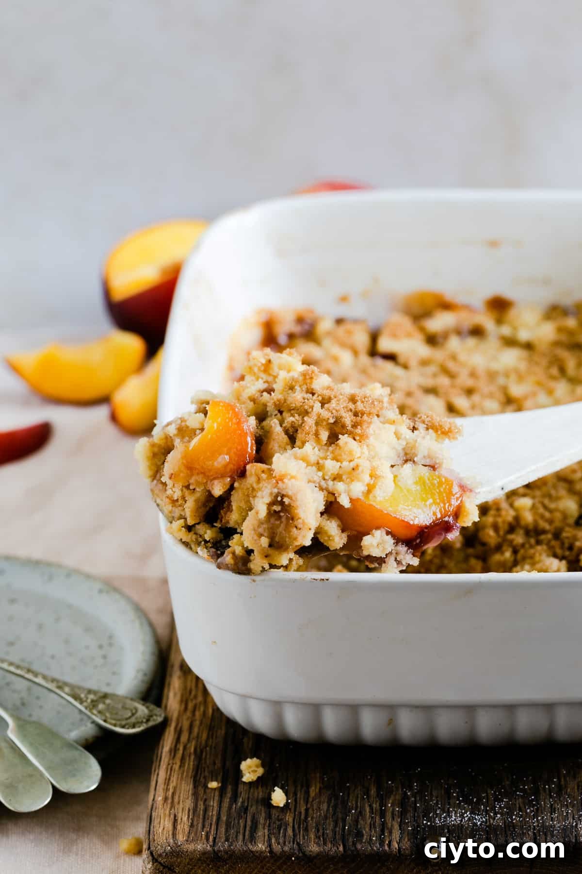 close up of freshly baked peach cobbler