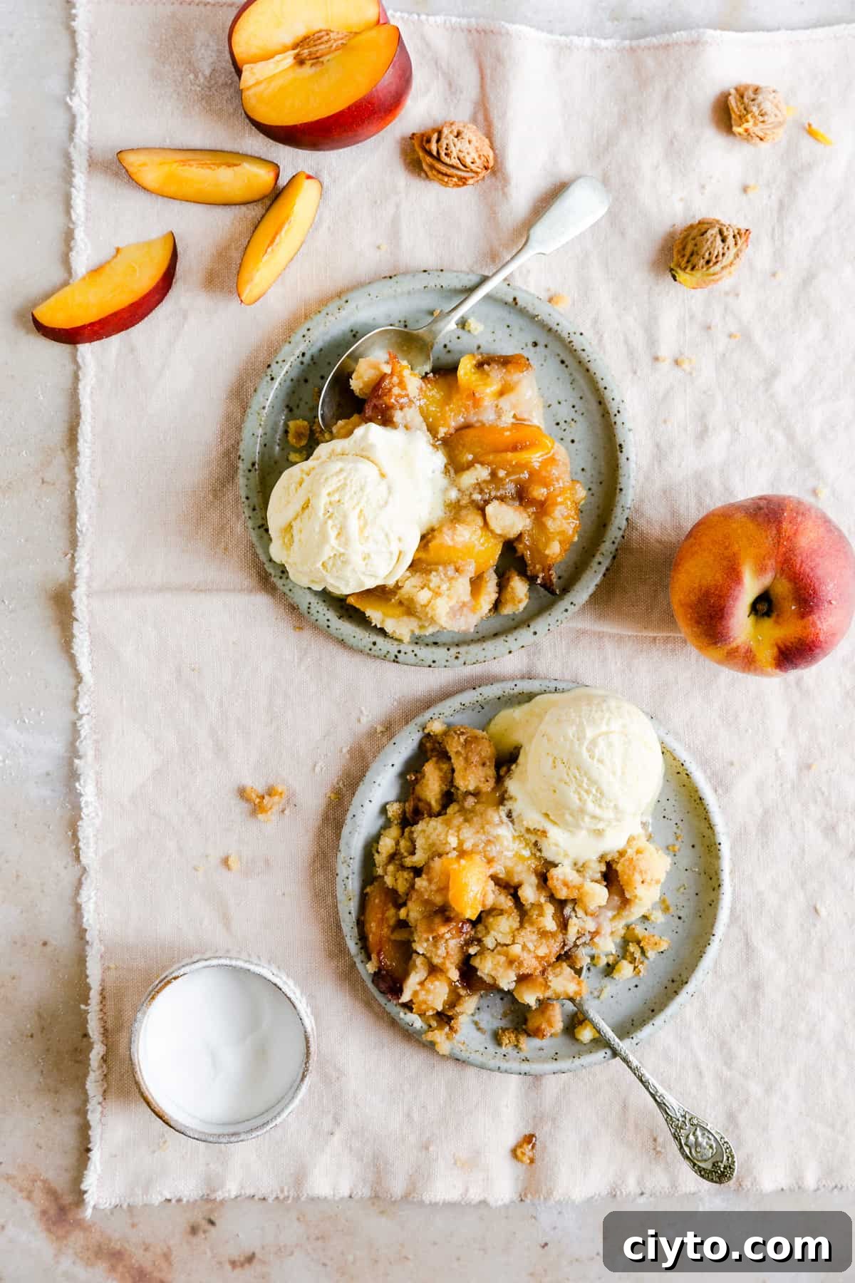top view of peach cobbler with ice cream