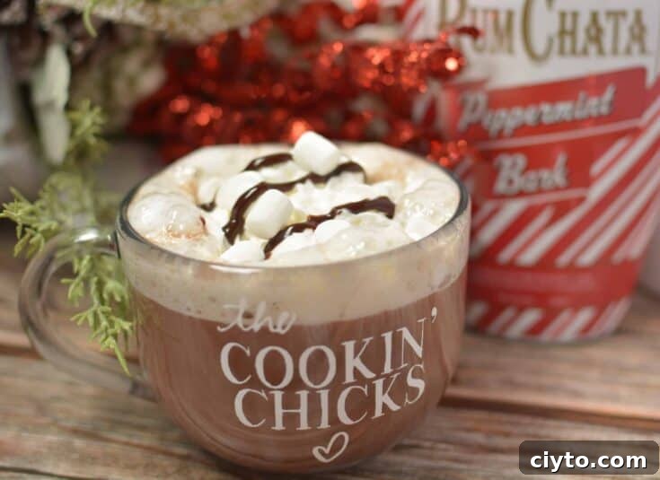 A mug of RumChata Hot Chocolate topped with whipped cream and chocolate sauce.