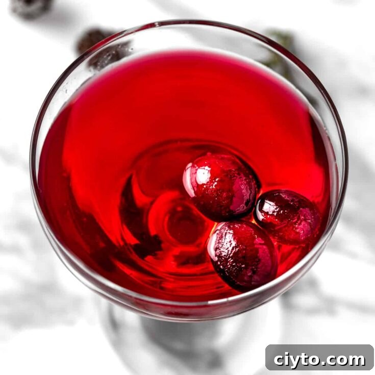 A cranberry gimlet garnished with 3 cranberries.