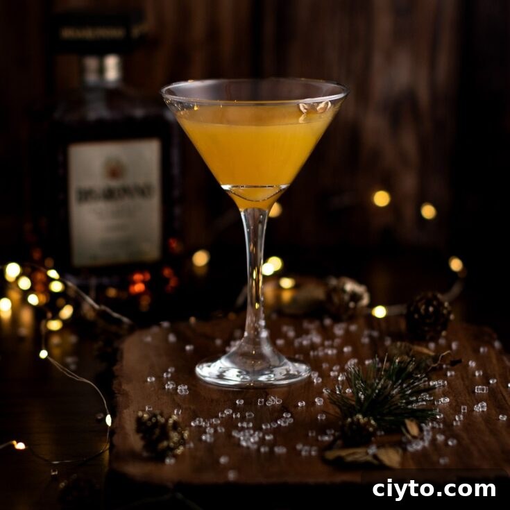 An amaretto martini on a wooden board, with fairy lights and a bottle of disaronno in the background.