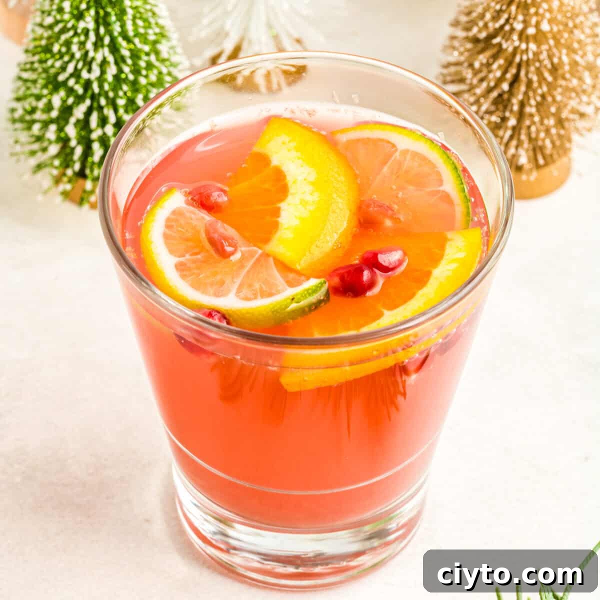 A glass of Christmas punch garnished with pomegranate seeds and lemon slices.