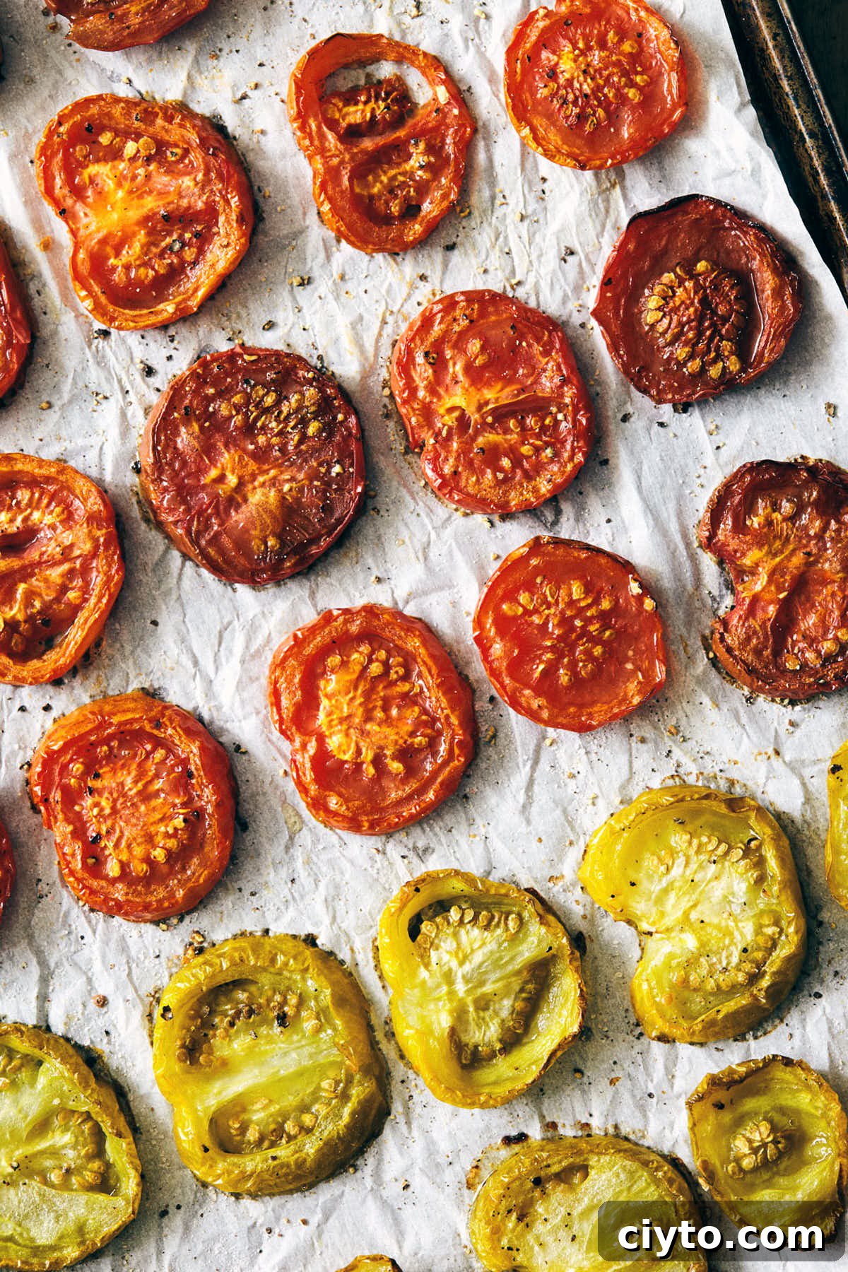 Roasted red and yellow heirloom tomatoes fresh out of the oven