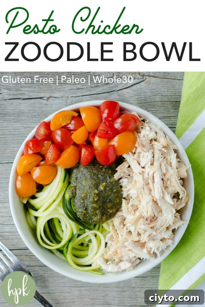 Need a simple weekday lunch or dinner option that is easy and healthy? This Pesto Chicken Zoodle Bowl recipe, made with zucchini noodles, is gluten free and Whole30 when made with compliant pesto. #healthy #lunch #dinner #lowcarb #glutenfree