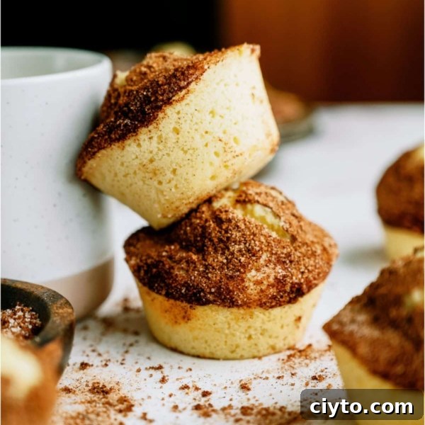 Two cinnamon sugar muffins are stacked beside a white cup, with more muffins and cinnamon sugar scattered on a white surface in the background.
