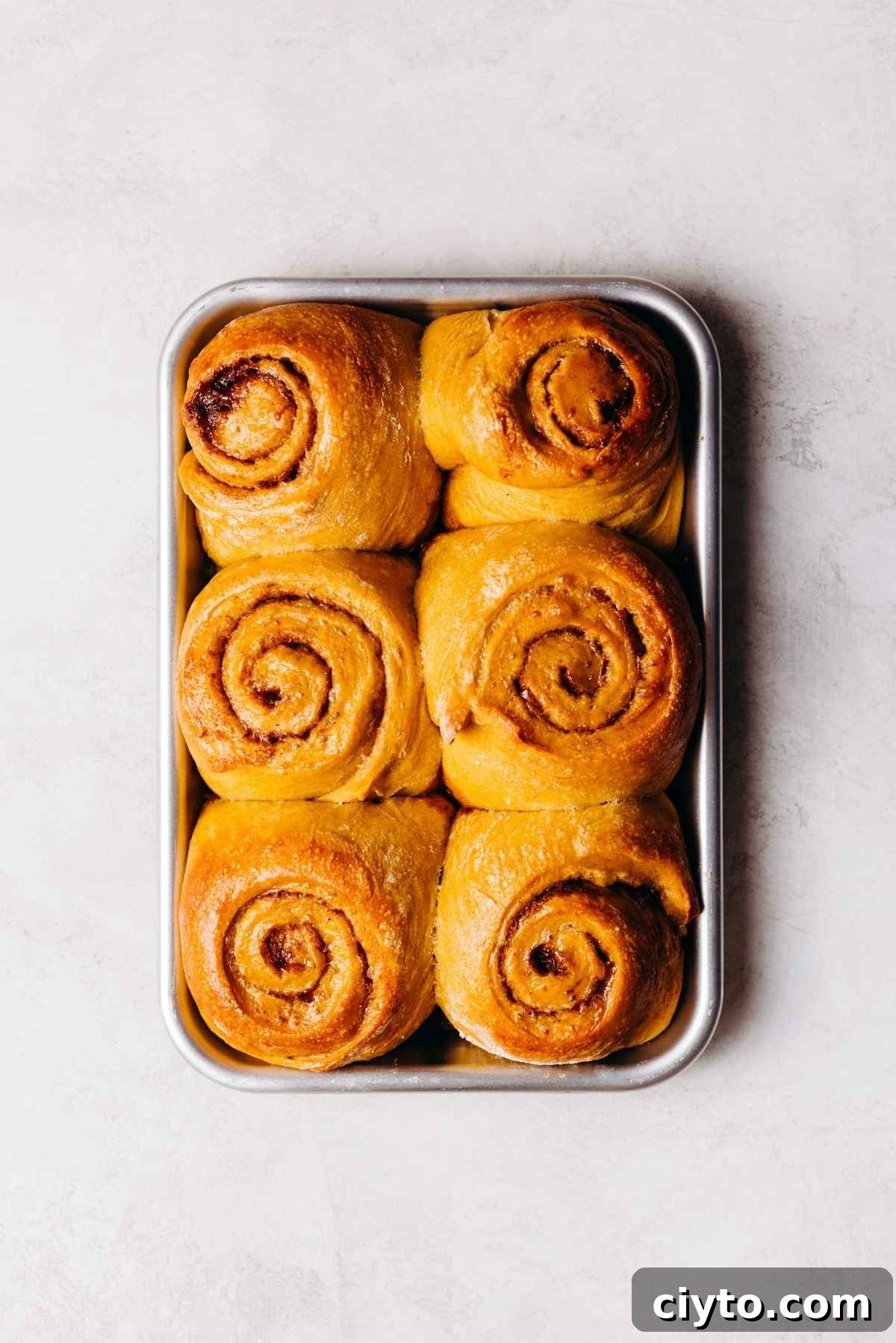 Baked pumpkin cinnamon rolls on a baking sheet.