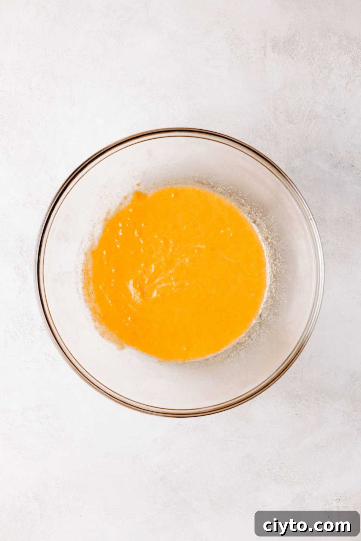 Whisked milk, pumpkin puree, melted butter, and egg in a bowl.
