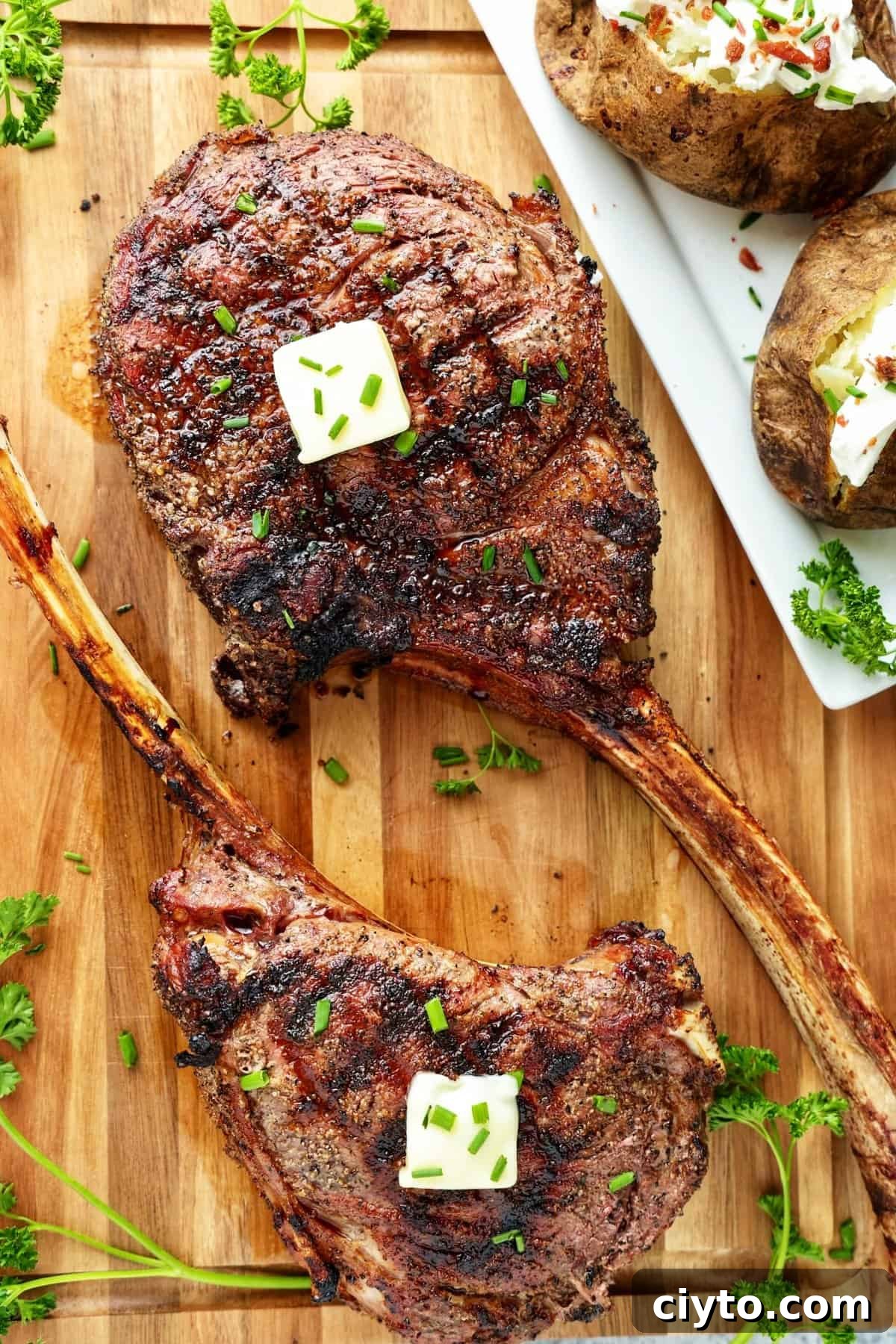 Tomahawk ribeye steak on cutting board with butter atop steaks with baked potatoes on white plate.