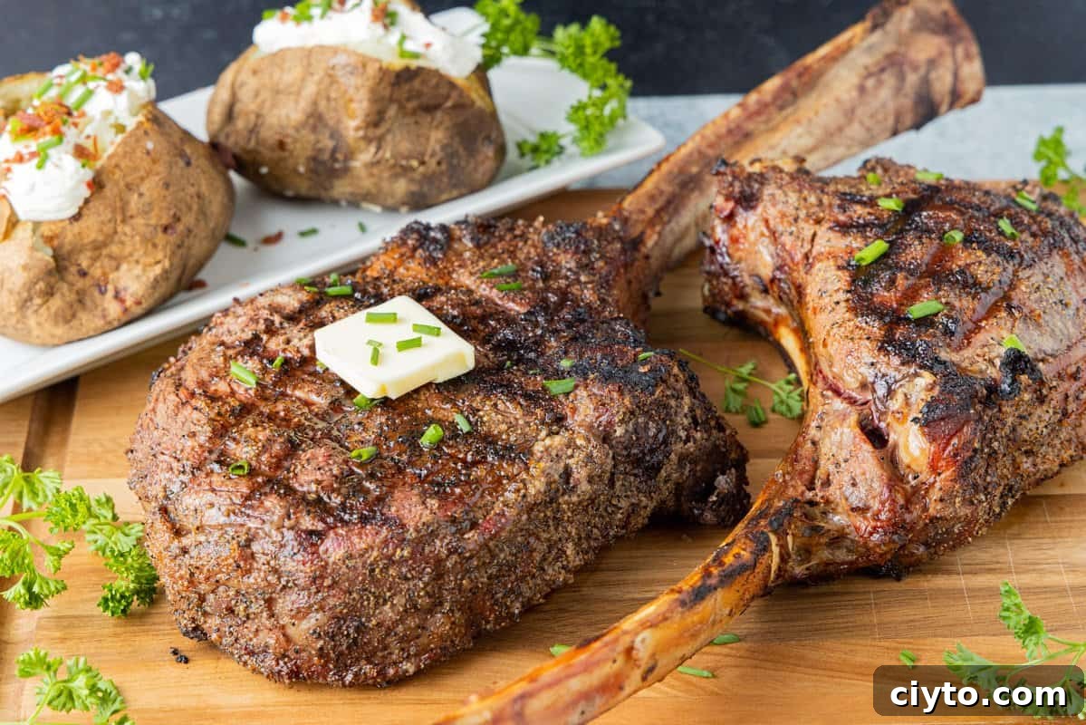 Ribeye topped with butter on cutting board with baked potatoes in background.