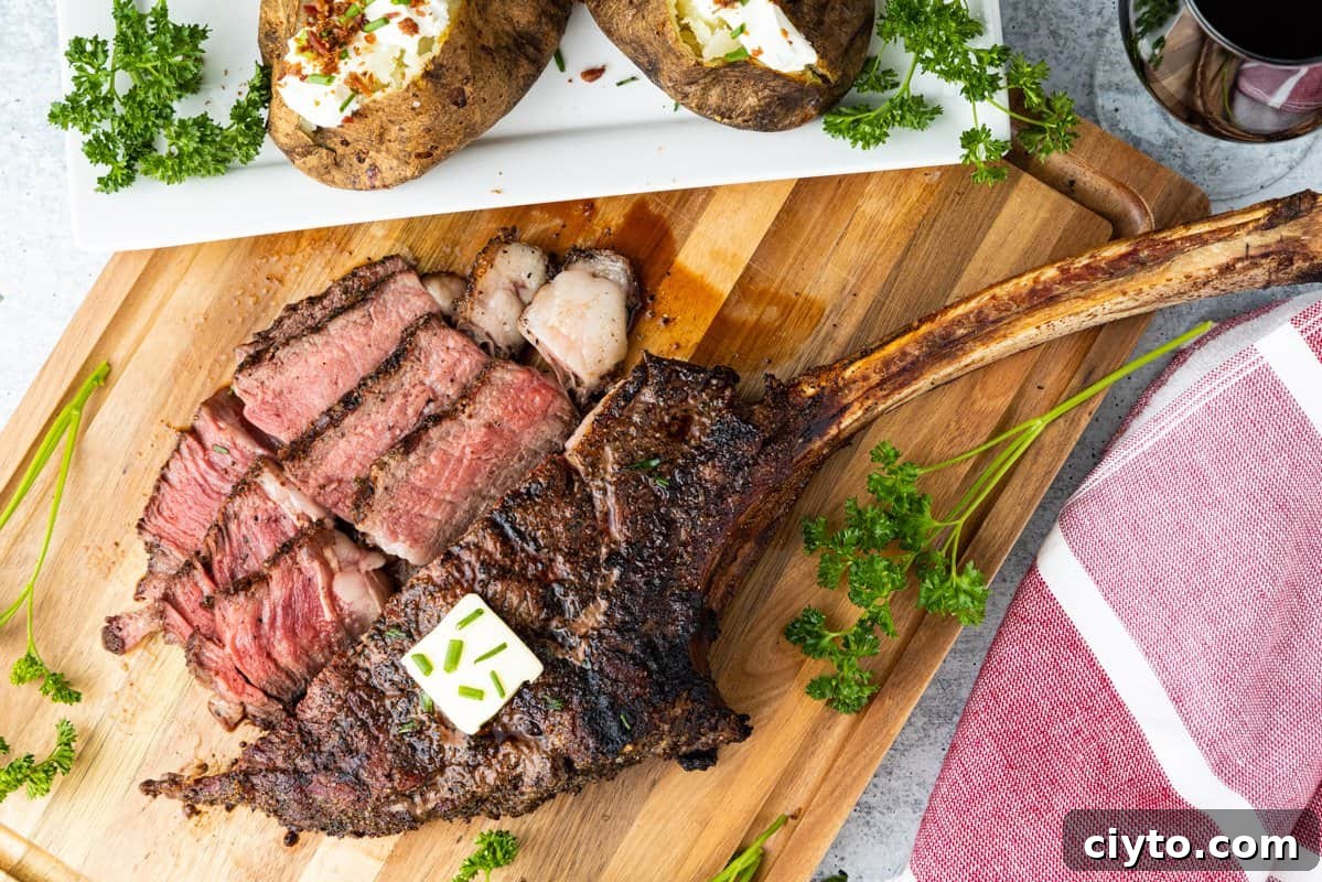 Ribeye atop with butter sliced showing medium rare steak on cutting board with red cloth and baked potatoes in background.