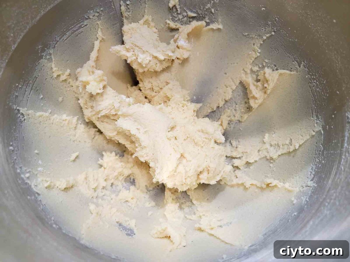 flour mixture mixed into butter mixture in a bowl.