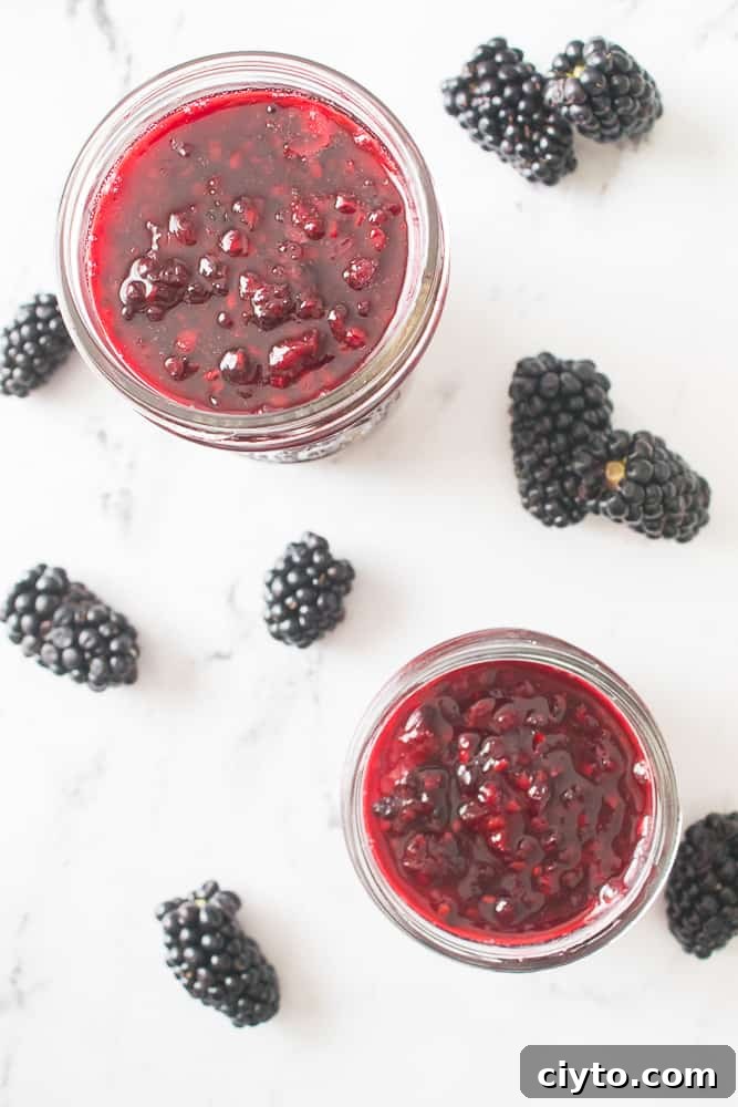 overhead shot of a mason jar and jelly jar filled with blackberry jam and blackberries scattered