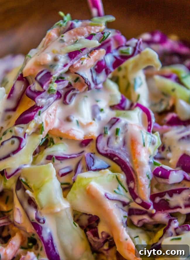 close up shot of coleslaw with fresh herbs.