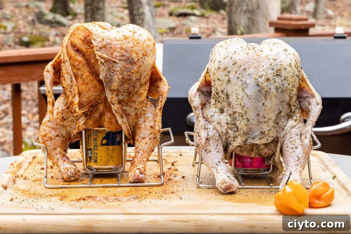 How to Smoke Beer Can Chicken 6 Two chickens seasoned and sitting atop beer cans on cutting board.