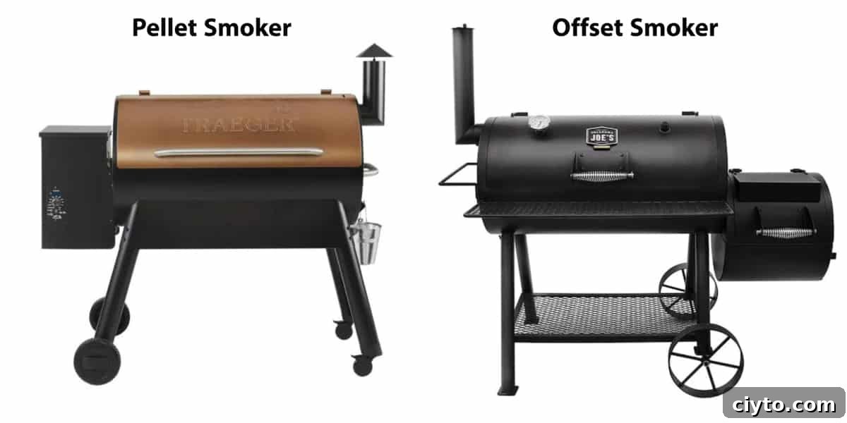 How to Smoke Beer Can Chicken 10 a pellet smoker next to an offset smoker.