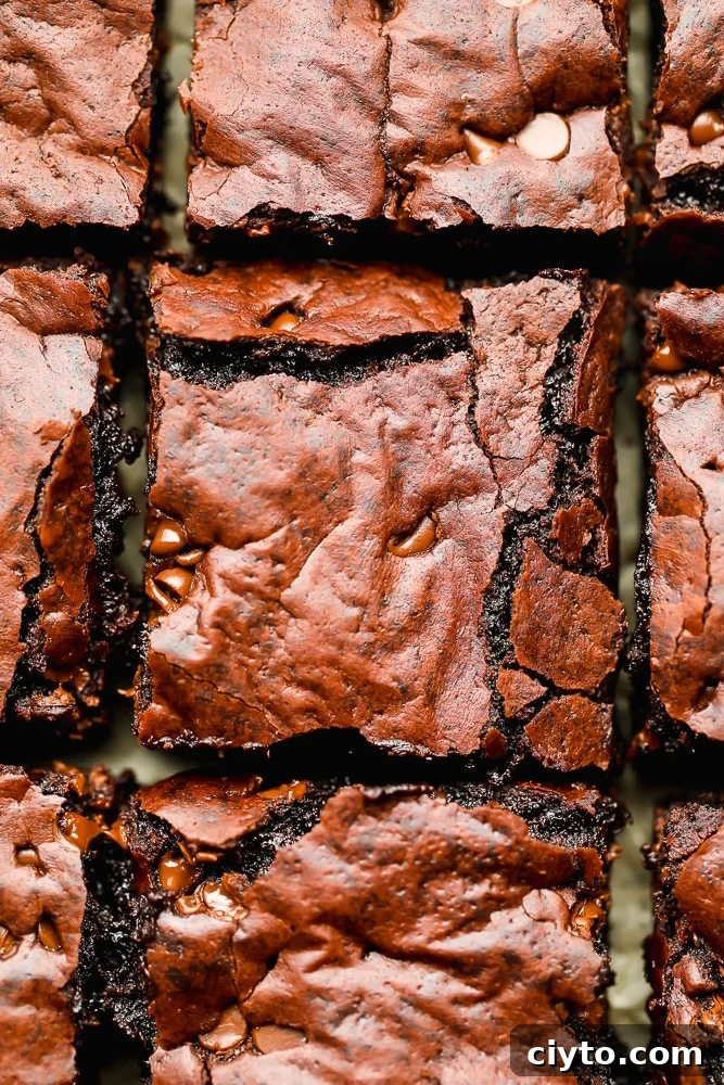 looking down close at brownies with crackle top
