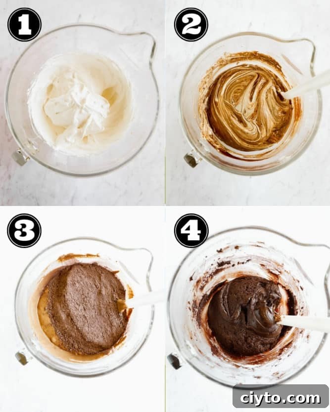 collage of how to make eggless brownie batter with aquafaba