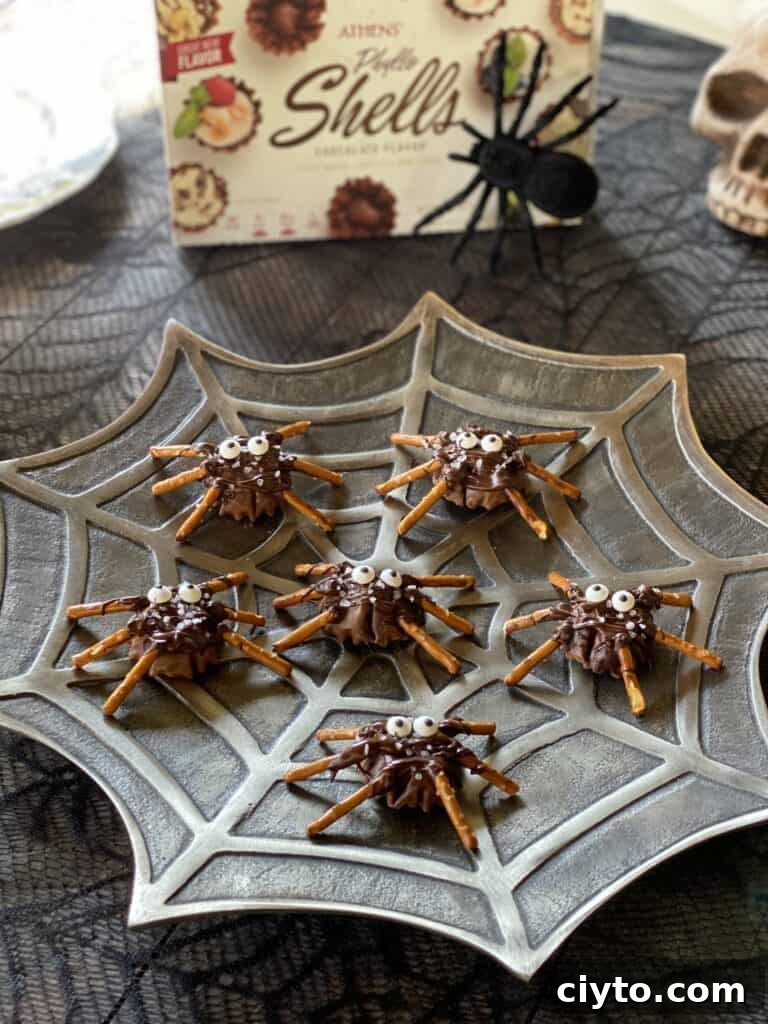 chocolate phyllo shells with pretzels for legs and drizzled with chocolate and sea salt on spooky web plate