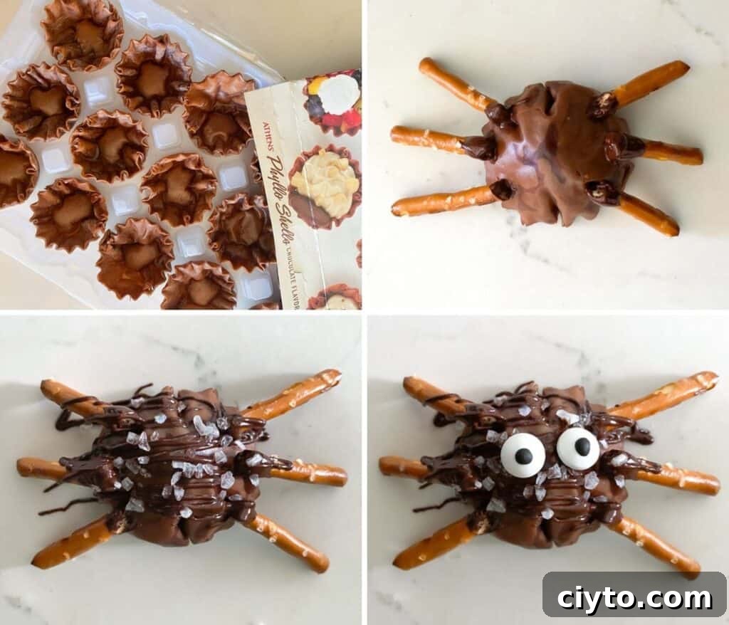 Showing images of how to make spooky Halloween spiders using phyllo shells.