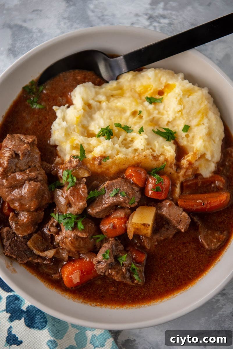 beef stew served with mashed potatoes