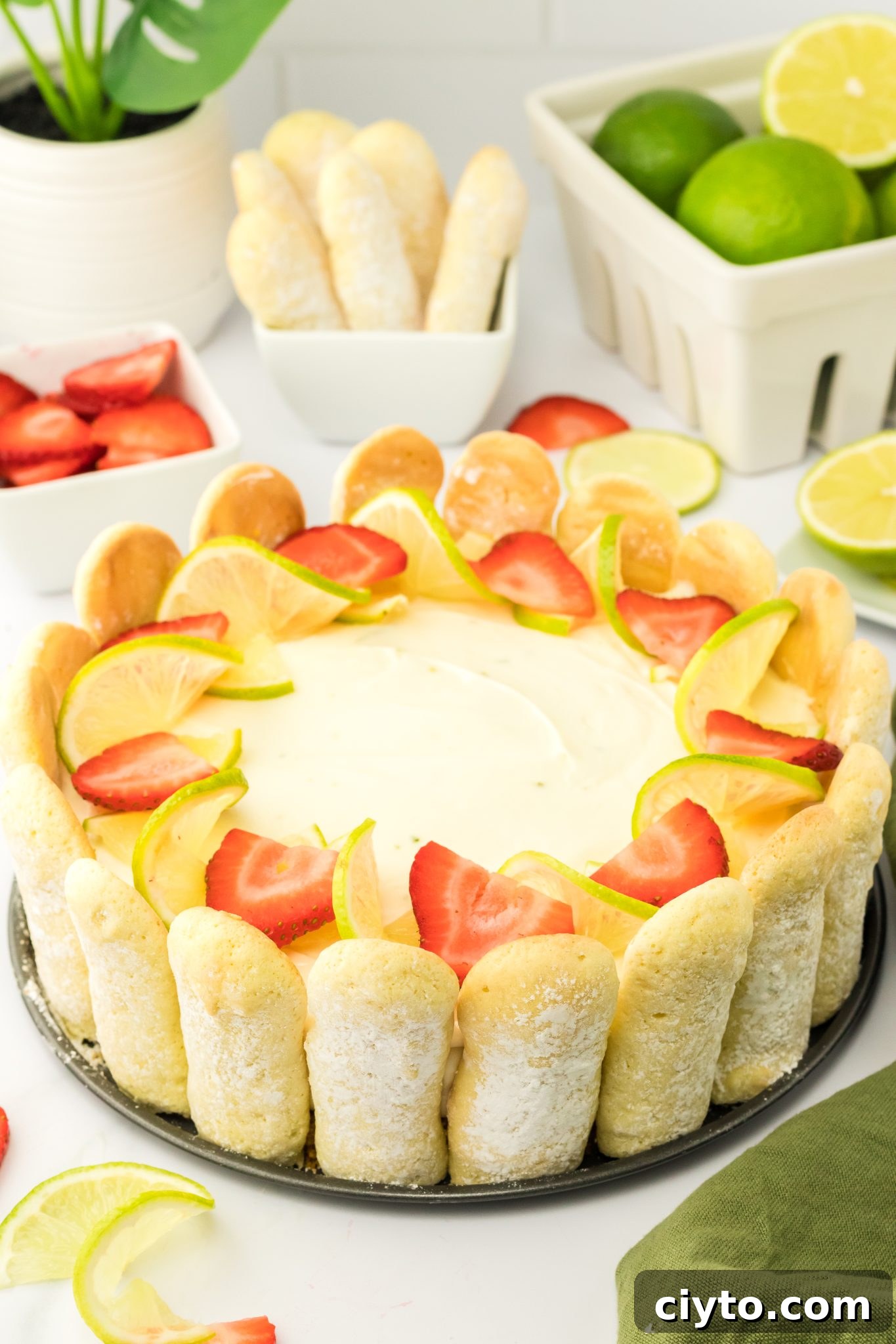 vertical shot of gorgeous lime no bake cheesecake