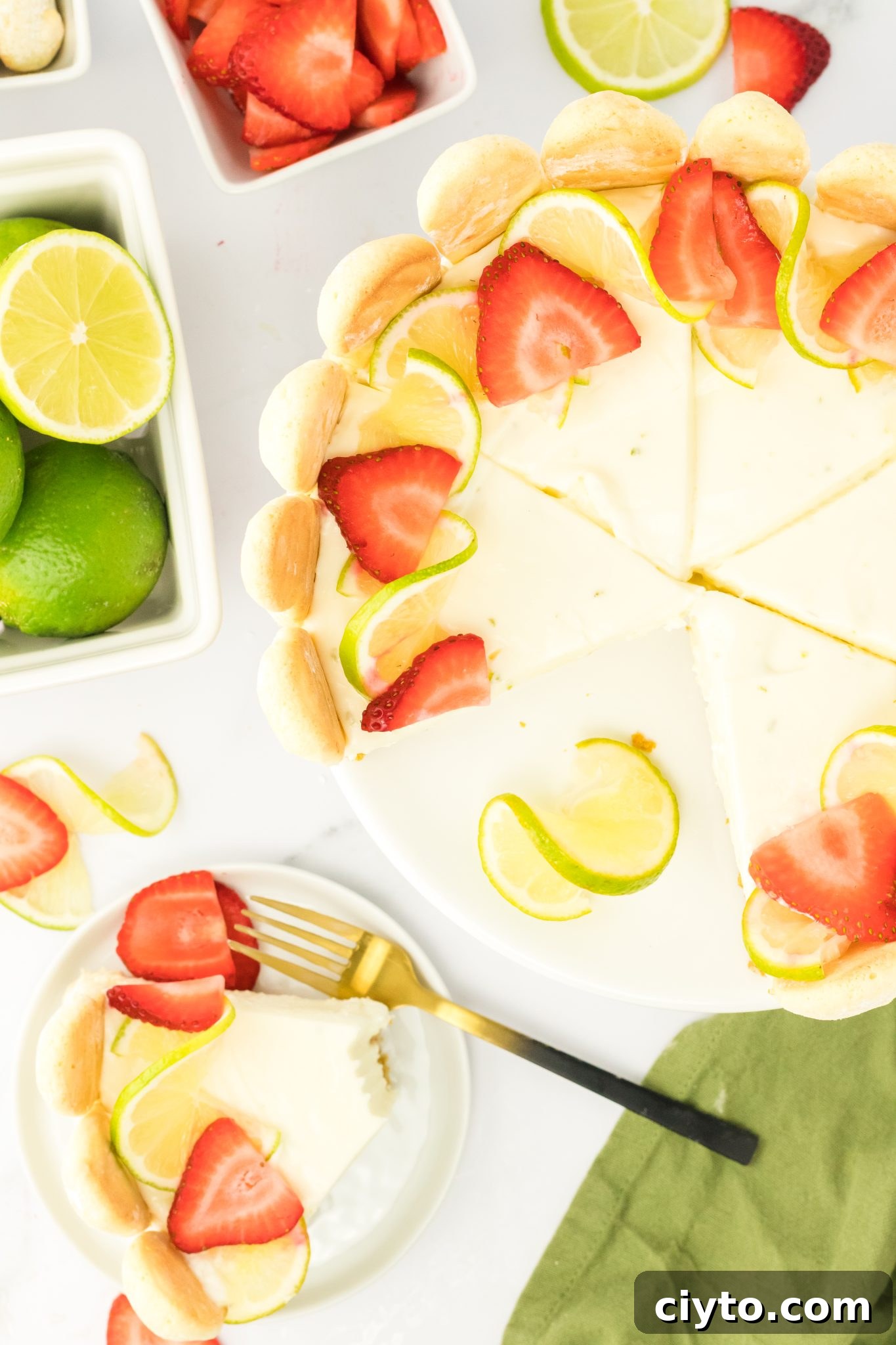 no bake lime cheesecake with one slice removed.